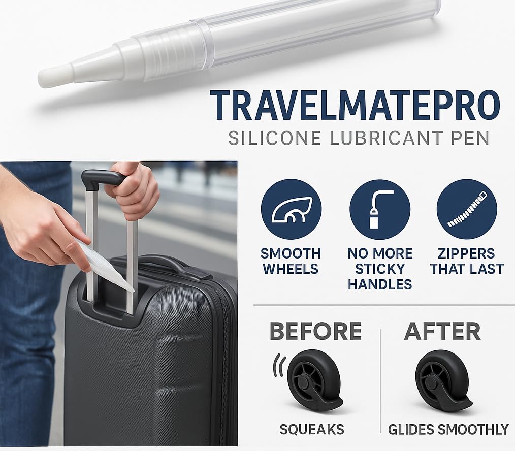 TravelmatePro Luggage Lubricant Pen – TSA-Approved Silicone Care for Suitcase Wheels, Zippers & Handles – Prevent Sticking, Smooth Rolling, Extend Bag Life