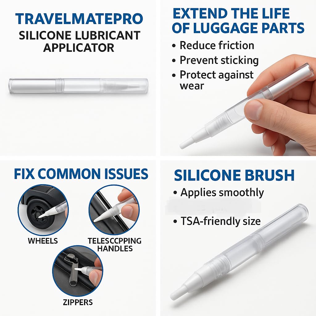 TravelmatePro Luggage Lubricant Pen – TSA-Approved Silicone Care for Suitcase Wheels, Zippers & Handles – Prevent Sticking, Smooth Rolling, Extend Bag Life