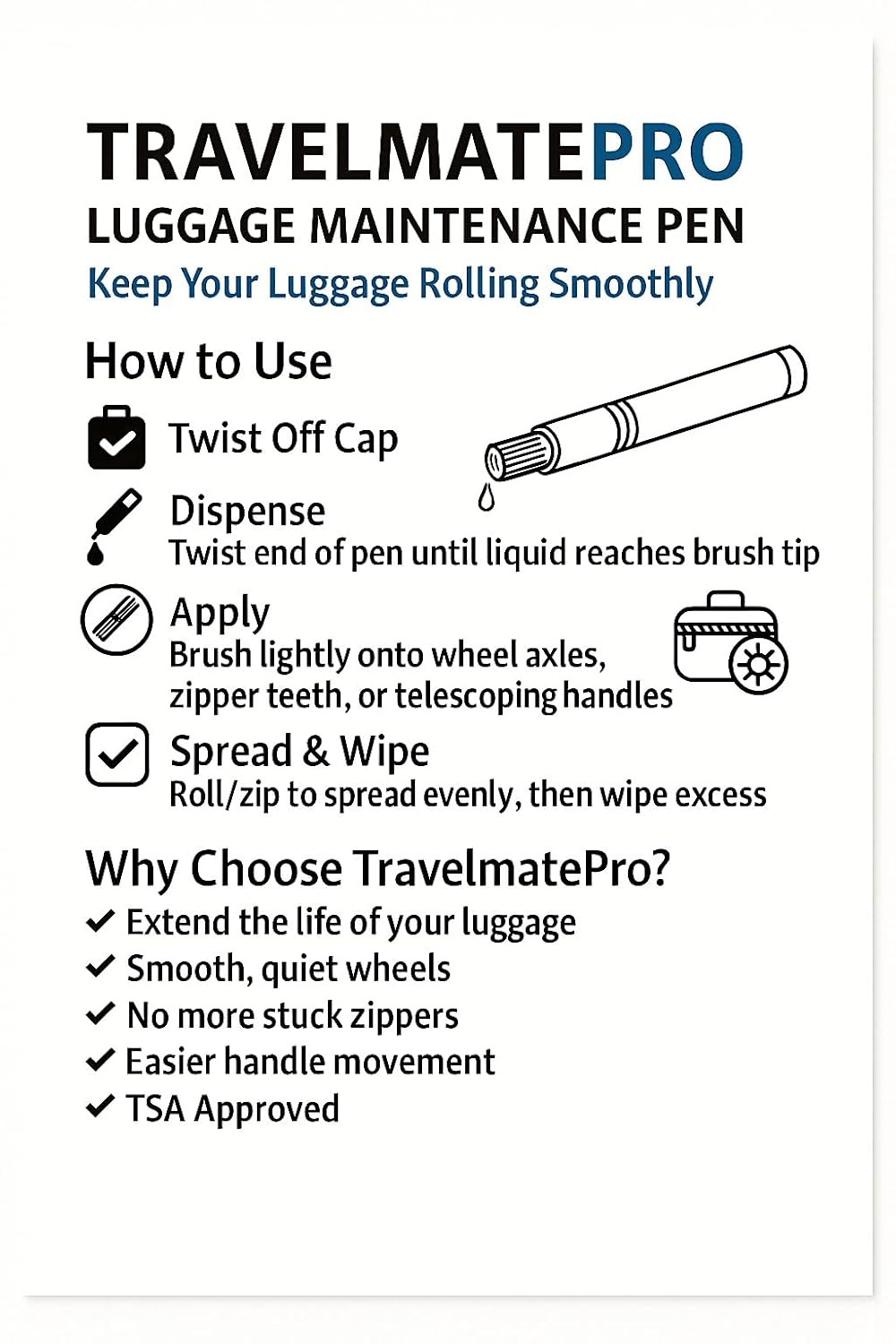 TravelmatePro Luggage Lubricant Pen – TSA-Approved Silicone Care for Suitcase Wheels, Zippers & Handles – Prevent Sticking, Smooth Rolling, Extend Bag Life