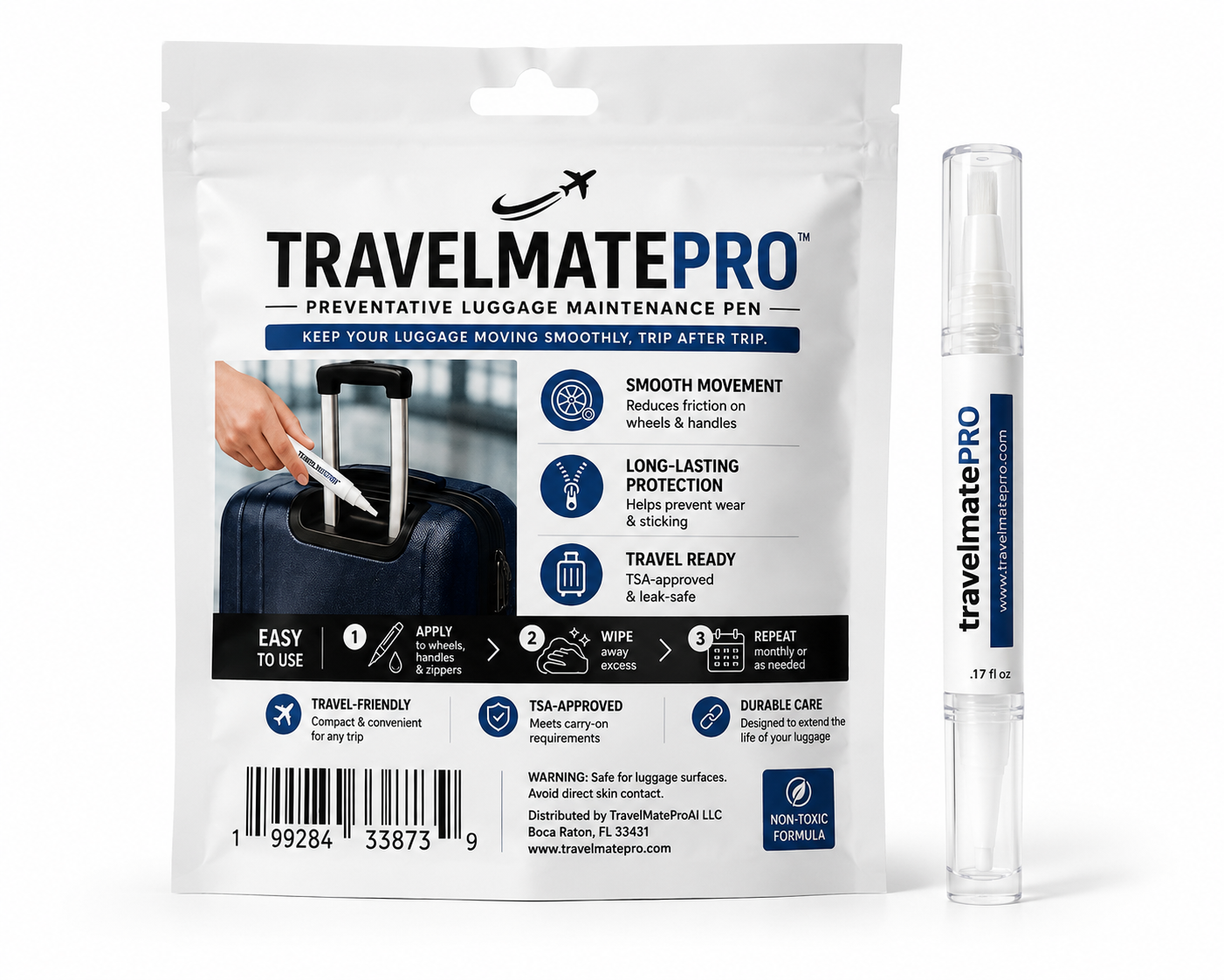 TravelMatePro luggage maintenance pen with its retail packaging box