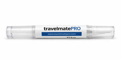 TravelMatePro luggage maintenance pen shown horizontally with cap on