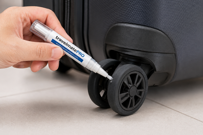 TravelMatePro pen applying silicone lubricant to a suitcase spinner wheel axle