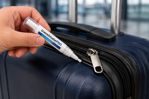 TravelMatePro pen applied to luggage zipper teeth